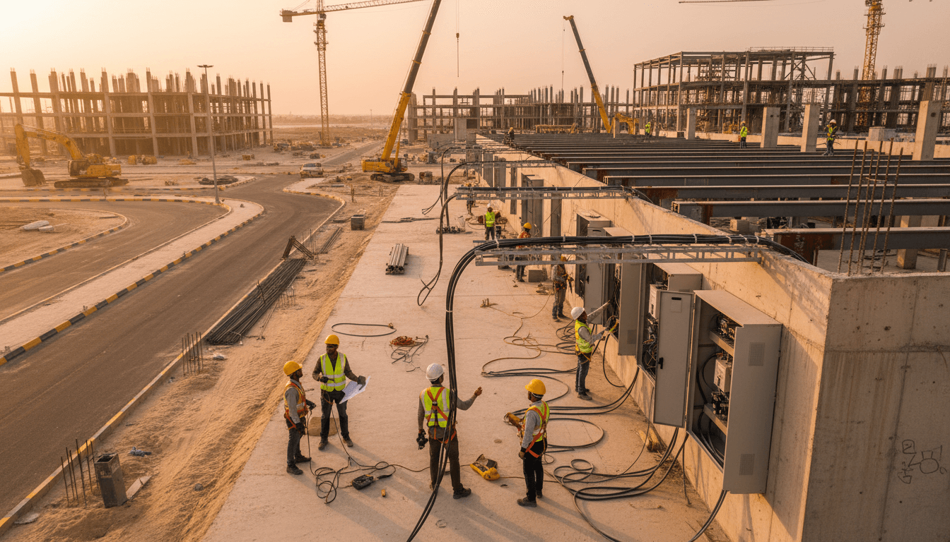 Équipe de techniciens spécialisés effectuant l'installation de systèmes électriques intégrés sur un chantier de construction moderne à Al Qurayyat