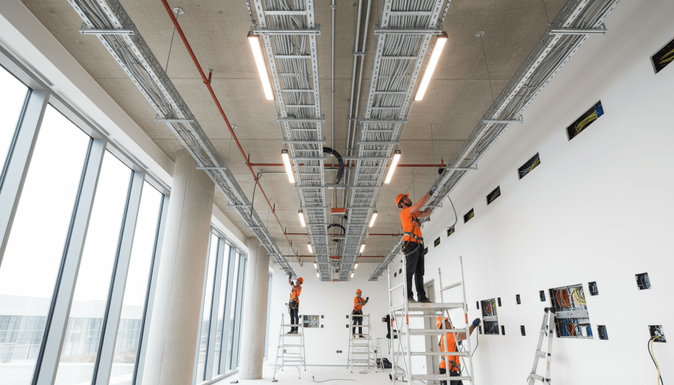 Équipe technique de صدارة الجزيرة travaillant sur une installation électrique professionnelle sur un chantier
