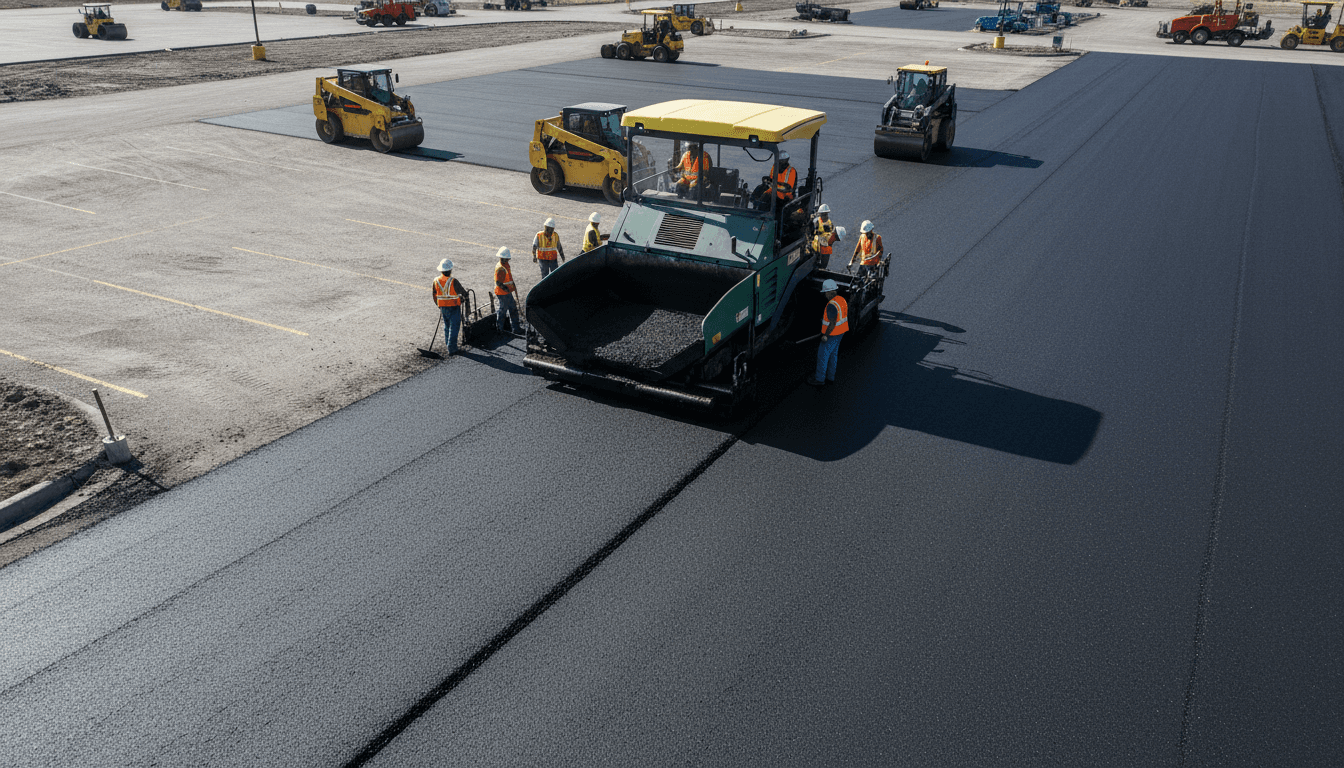 Asphalt paving machine laying fresh black asphalt on parking lot with safety-equipped workers coordinating construction operations