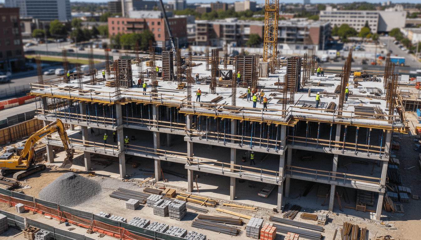 Chantier de construction montrant les travaux d'infrastructure et d'ingénierie civile