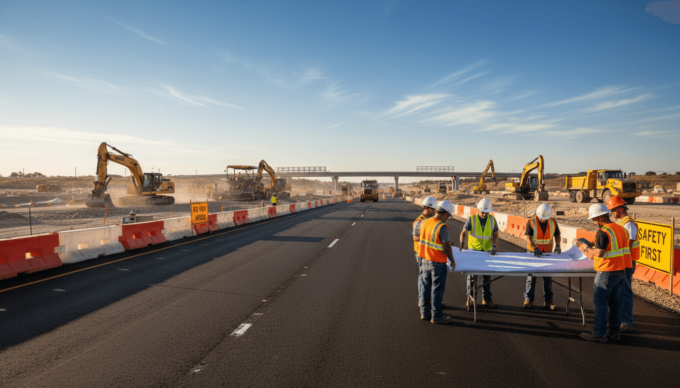 Chantier de construction d'infrastructure civile avec équipement de sécurité et travaux de précision