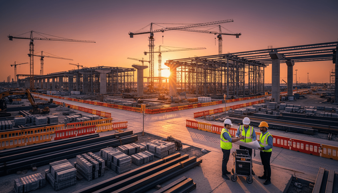 Chantier de génie civil avec infrastructure routière moderne à Al Qurayyat