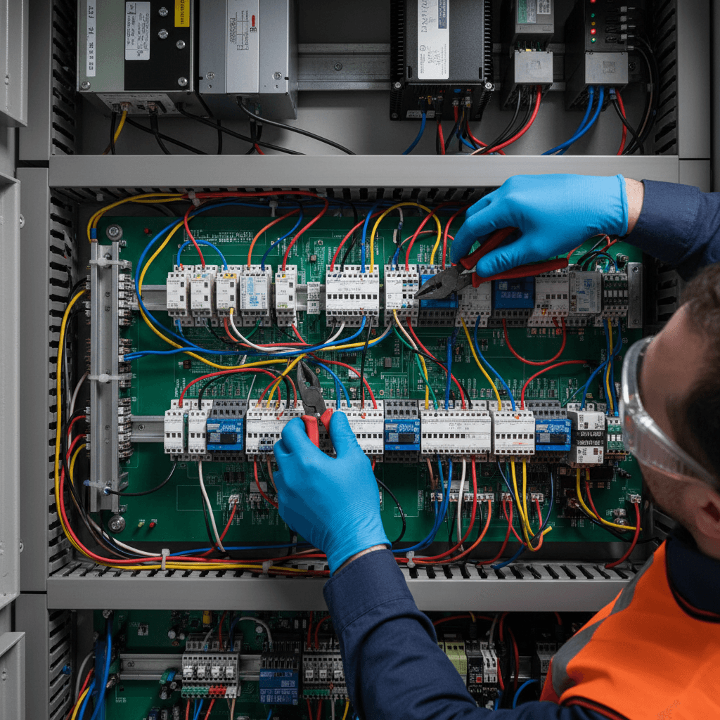 Équipe d'ingénieurs et de techniciens travaillant sur l'assemblage de tableaux électriques dans un environnement professionnel